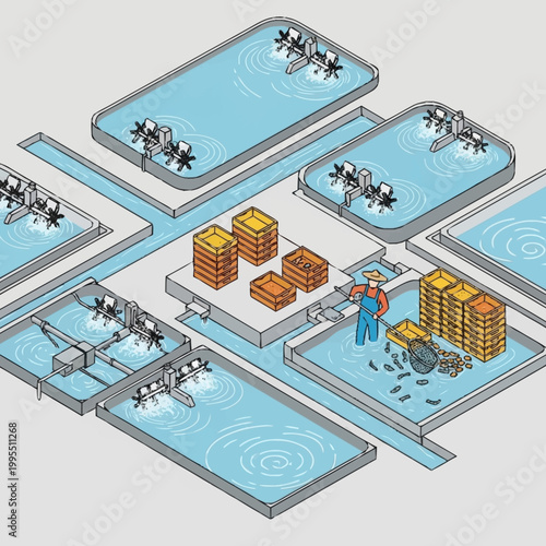 Industrial fish farming operations with worker handling feed.