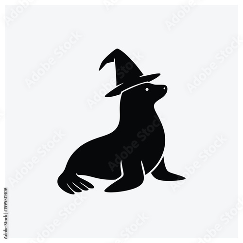 Simple silhouette illustration of a dog wearing a pointy wizard hat.