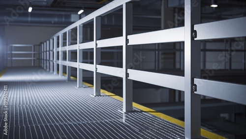 Wide catwalk with safety guard rails in a modern industrial interior