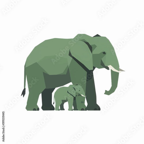 Green Stylized Flat Design Illustration of Mother and Baby Elephant Family