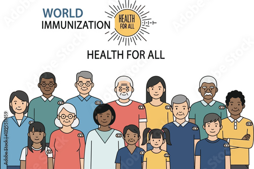 World Immunization for health : Group of diverse individuals, symbolizing global unity and well-being, gathered together with a shared commitment to immunization and a vision of health for everyone.