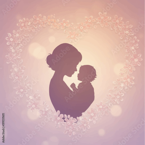 Mother and Baby Silhouette in Floral Wreath | Tender Love, Care, and Motherhood Concept Illustration with Bokeh Effect.