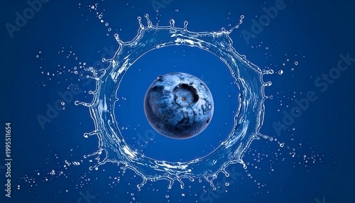 Fresh single blueberry splashing into clear water with dynamic spray on blue background, refreshing fruit concept.