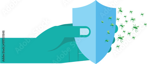 Hand Protecting a Shield: A strong hand firmly holds a protective shield, warding off a swarm of menacing insects, representing defense and safety.