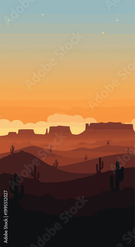 Konstfotografi A desert landscape with a vibrant orange and blue sky