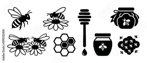 Honey Bee and Honeycomb Icons Set Vector Graphic for Agriculture and Natural Food Industry Design. Collection of bee, flower, honey dipper, and jar symbols isolated on white background, black flat sty