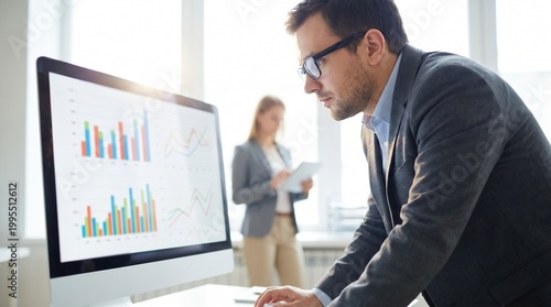 Business analyst reviewing financial charts on monitor.