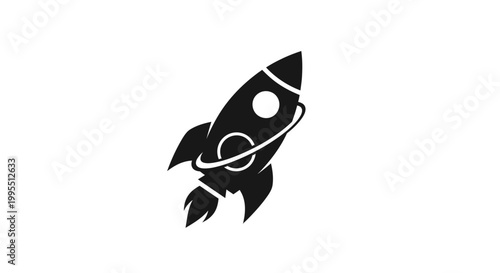 Black rocket ship icon with ring and exhaust on white background, vector illustration