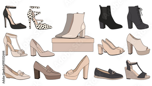 Large collection of diverse women's fashionable shoes including high heels, boots, flats, and wedges for shoe shop catalog or fashion blog.