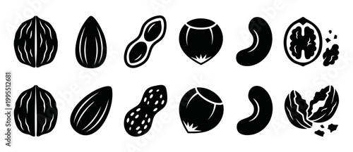 Nuts and seeds icons set, black silhouettes collection of walnut, almond, peanut, hazelnut and cashew, isolated on white background, vector graphic elements for healthy food design and menu illustrati