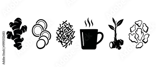 Ginger Root Icon Set, Sliced and Grated Fresh Ginger, Hot Tea Cup, Plant and Chopped Pieces, Vector Black Silhouette Graphic Collection for Culinary, Healthy Diet, Organic Food and Herbal Medicine Des