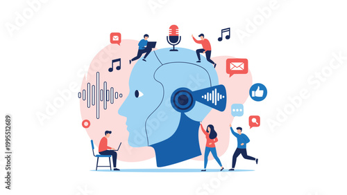 Artificial intelligence concept showing robot head profile surrounded by people and digital icons for social media, audio, and search technology.