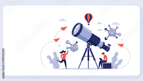 People observing night sky through large telescope next to molecular models and hot air balloon representing scientific discovery and education.