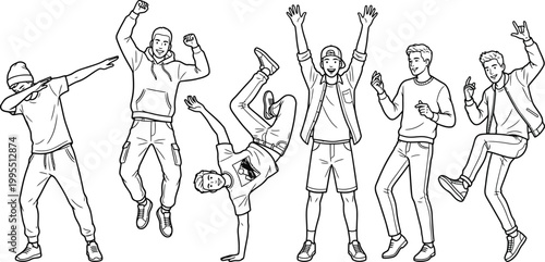 Group of young men posing in dynamic celebratory dance positions