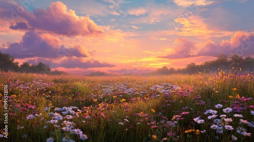 Serene Sunset Over Vibrant Wildflower Meadow with Multicolored Blooms and Soft Pastel Skies Illuminating the Landscape in a Tranquil Natural Setting