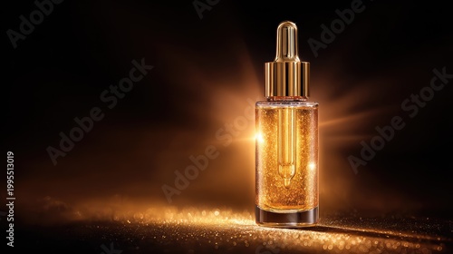 Elegant Glass Dropper Bottle Filled with Shimmering Gold Oil Radiating Light in a Dark Background for Skincare and Beauty Product Promotions
