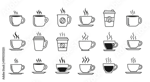 Coffee Cup Icons: Hot Drinks, Steam, and Various Styles