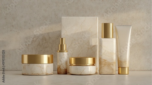 Elegant skincare products displayed on a minimalist background showcasing marble textures and gold accents, perfect for beauty and wellness branding and advertising photography needs.