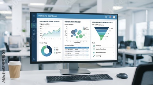 Office Computer Displaying Business Analytics Dashboard.