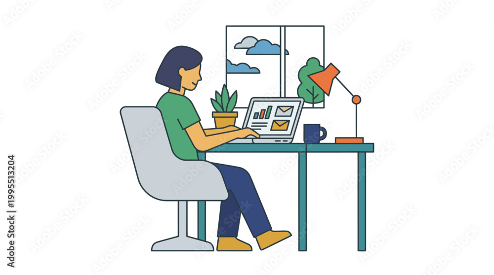 Fototapeta premium woman working on laptop at desk with plant and lamp