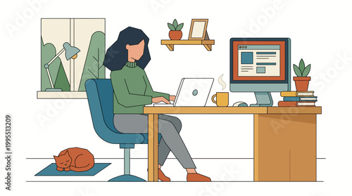 woman sitting at desk with laptop and computer monitor working from home with cat