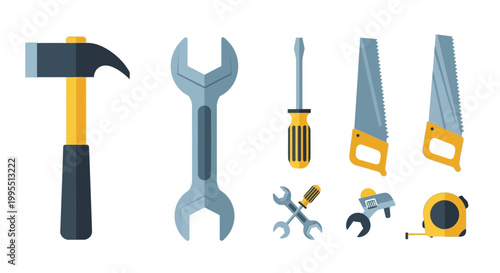 Collection of Hand Tools: Hammer, Wrenches, Screwdriver, Saws, Measuring Tape