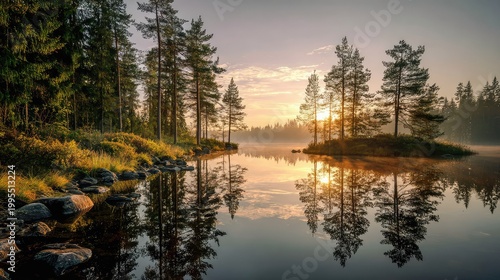 Serene Sunrise Over Calm Lake Surrounded by Pine Trees and Rocky Shoreline, Capturing Natural Beauty in Tranquil Landscape Scenery