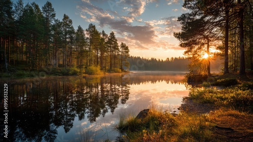 Breathtaking Sunrise Over Tranquil Lake Surrounded by Pine Trees and Lush Greenery, Reflecting Vibrant Colors of Nature in Calm Waters