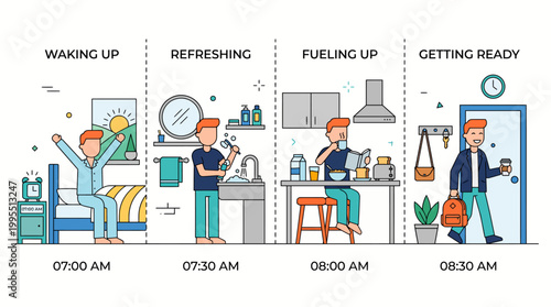 Morning routine infographic with man waking up refreshing fueling up and getting ready