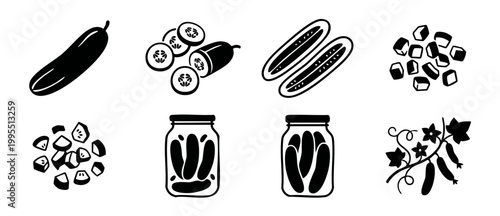 Cucumber Icons Set, Pickles in Jar and Fresh Vegetable Slices. Vector graphic black silhouette collection of garden produce, sliced gherkin, chopped pieces and vine with leaves for food design project
