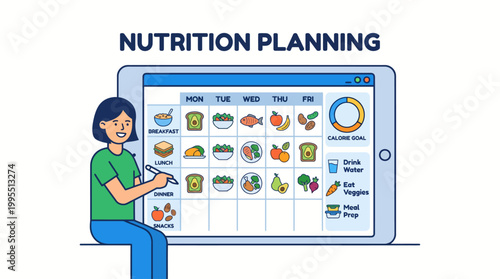 Nutrition planning on a laptop computer with a woman sitting next to it