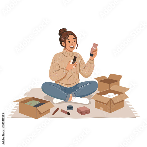 A woman unboxes lifestyle products on the floor surrounded by boxes