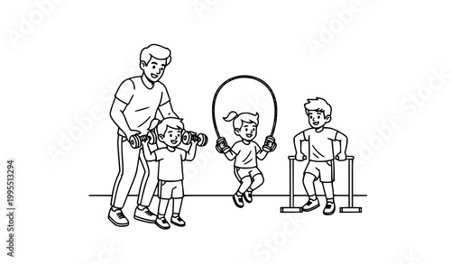 Happy family exercising in gym cartoon outline vector illustration fitness training coloring page scene