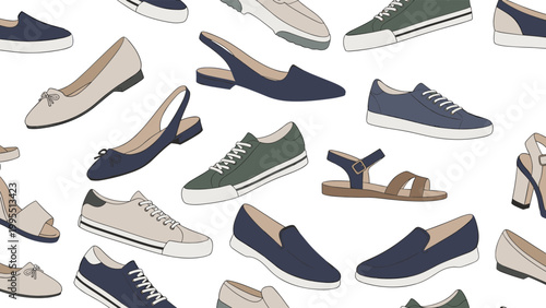 Seamless pattern of various footwear styles including athletic sneakers, summer sandals, high heels, and casual flats.