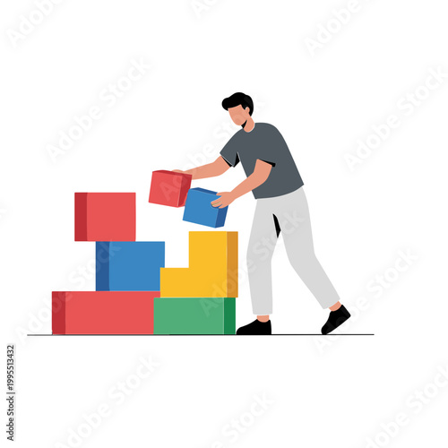 Man building tower with colorful blocks in a playful indoor setting