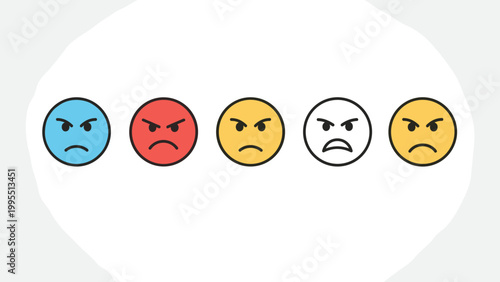 Set of five colorful angry face icons represents different levels of emotional frustration or negative customer feedback.