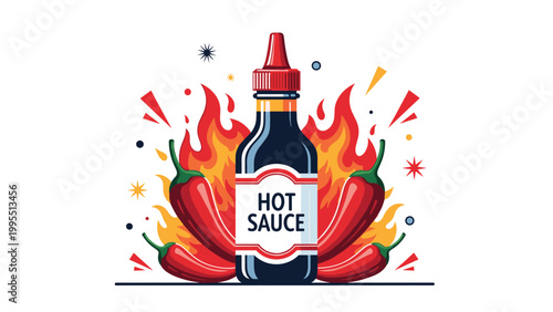 Spicy hot sauce bottle is presented with dramatic orange flames and red chili peppers for a bold and flavorful look.