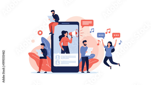 Social media promotion concept features diverse people using a large smartphone for announcements and viral sharing.