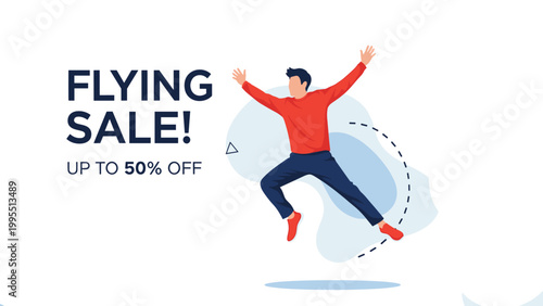Excited man jumps in the air to promote a big flying sale offering up to fifty percent off discounts for customers.