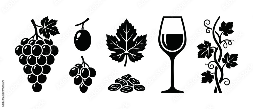 Naklejka premium Grapes wine glass leaf icons set - vector illustration of vineyard elements, bunch of grapes, vine branch, and raisins in minimalist black silhouette style for winery branding and restaurant design.