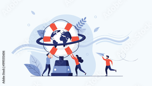 Team of people works together to support a world globe with a lifebuoy representing global safety and conservation efforts.