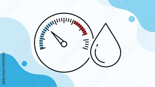 Circular gauge with colored indicators and a needle is positioned next to a large water drop to monitor moisture levels.