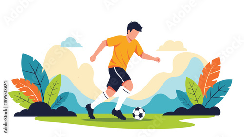 Soccer player dribbles a ball on a green grass field with a scenic background of colorful mountains and stylized plant life.