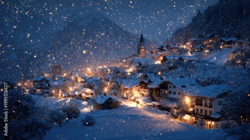 Tranquil Winter Night in a Snowy Village with Soft Falling Snowflakes, Illuminated Homes, and Frozen Landscape Capturing Holiday Magic and Serene Beauty