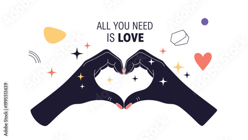 Two hands come together to form a heart shape against a starry background to illustrate the message that all you need is love.