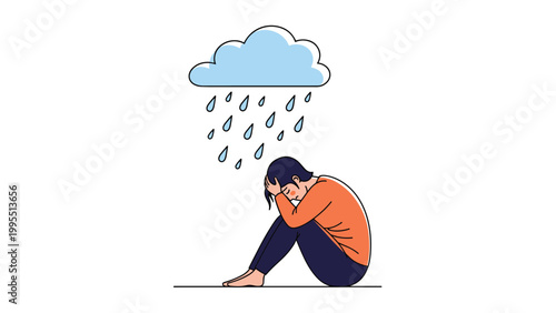 Sad man sits hunched over with his head in his hands under a dark rain cloud representing depression and emotional sorrow.