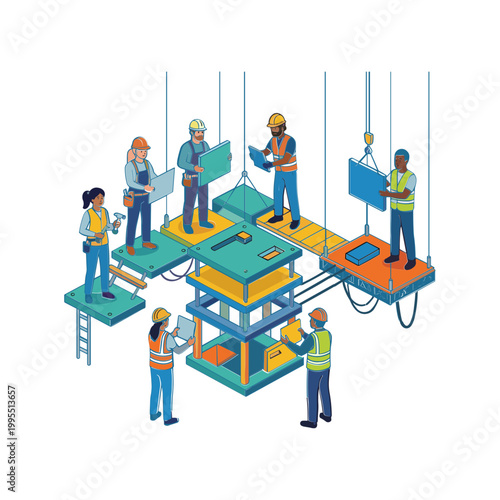 Workers construct building framework with cranes and tools on site