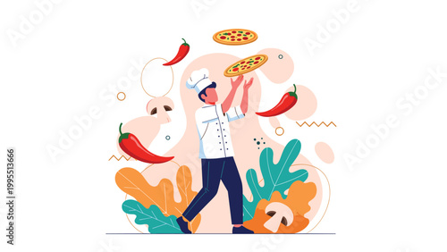 Skilled chef tosses a pizza into the air while surrounded by flying red chili peppers and mushrooms in a dynamic kitchen scene.