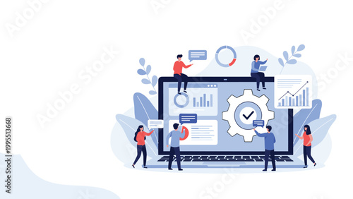 Collaborative team works on a large laptop screen to analyze data charts, gears, and progress reports for business optimization.