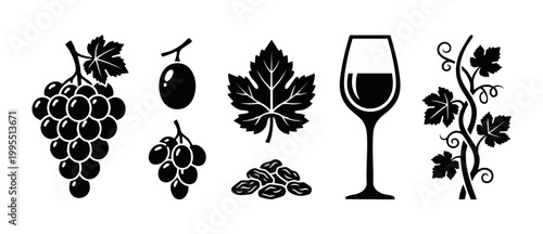 Grapes wine glass leaf icons set - vector illustration of vineyard elements, bunch of grapes, vine branch, and raisins in minimalist black silhouette style for winery branding and restaurant design.